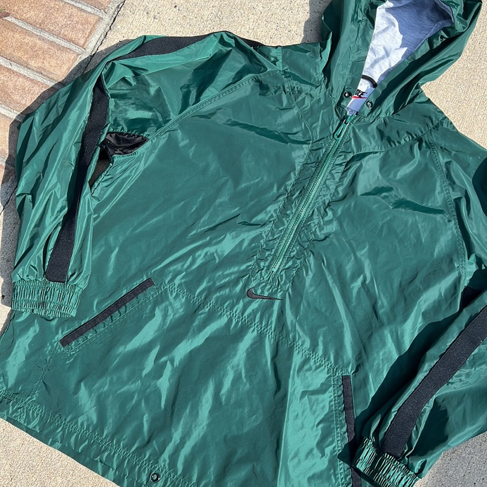 Vintage 90s Forest Green Nike Windbreaker Anorak Half zip front pocket swoosh XL